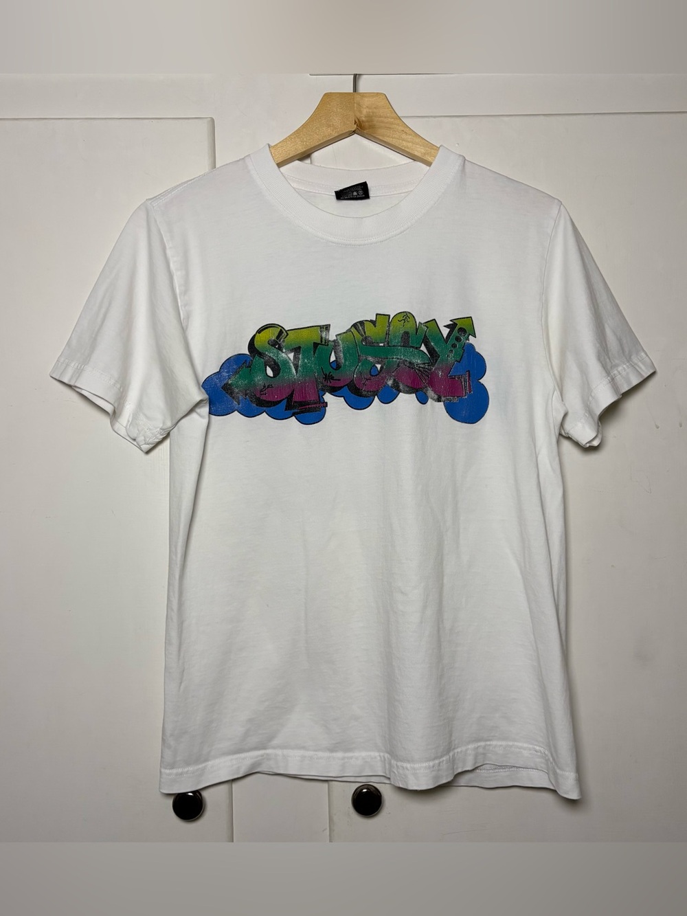 2000s Stussy Grafiti Logo Graphic T Shirt Front and Back Size Medium